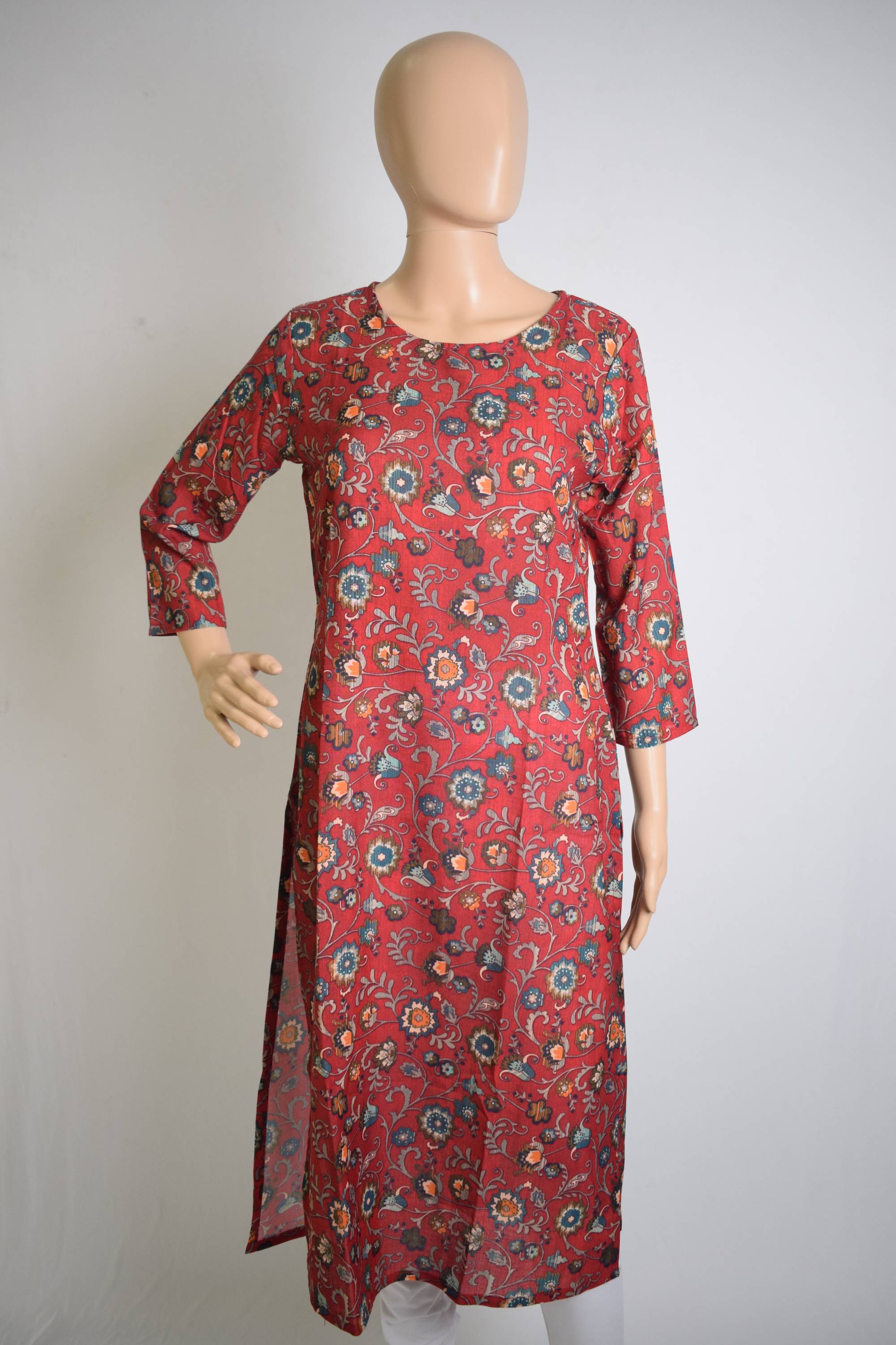 Floral Design Printed Red Kurti Top