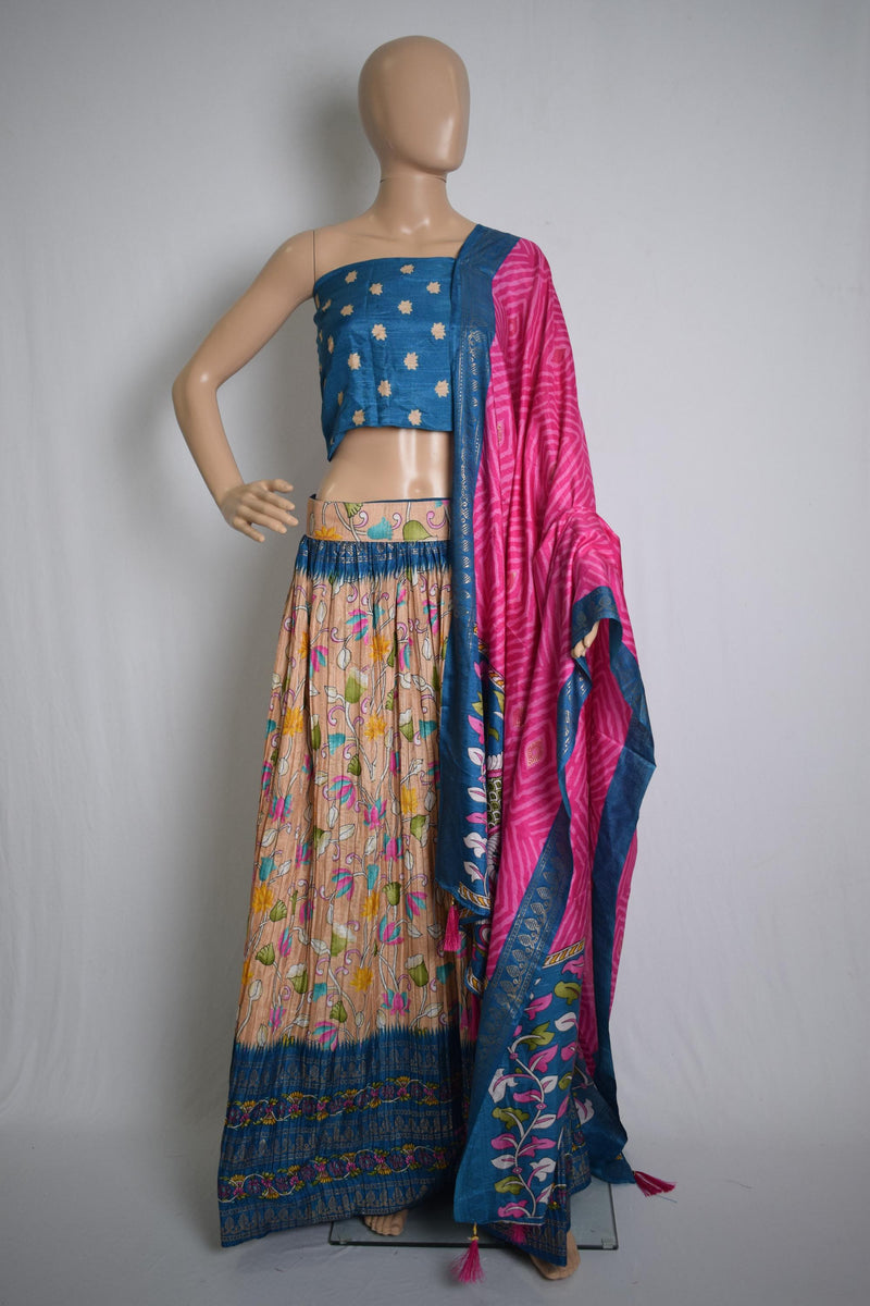 Beige & Blue Floral Printed Crushed Silk Lehenga-1