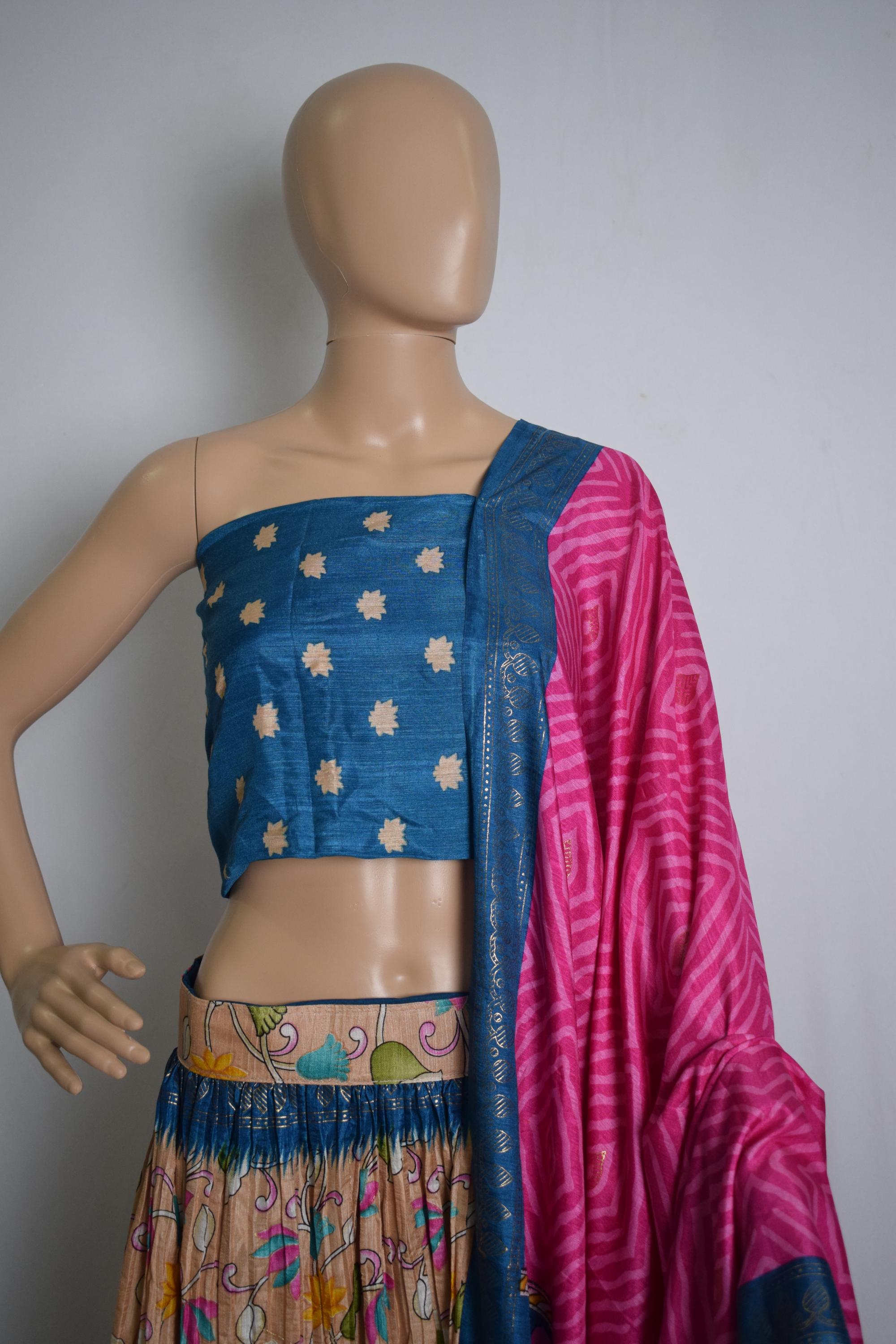 Beige & Blue Floral Printed Crushed Silk Lehenga