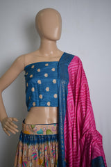 Beige & Blue Floral Printed Crushed Silk Lehenga