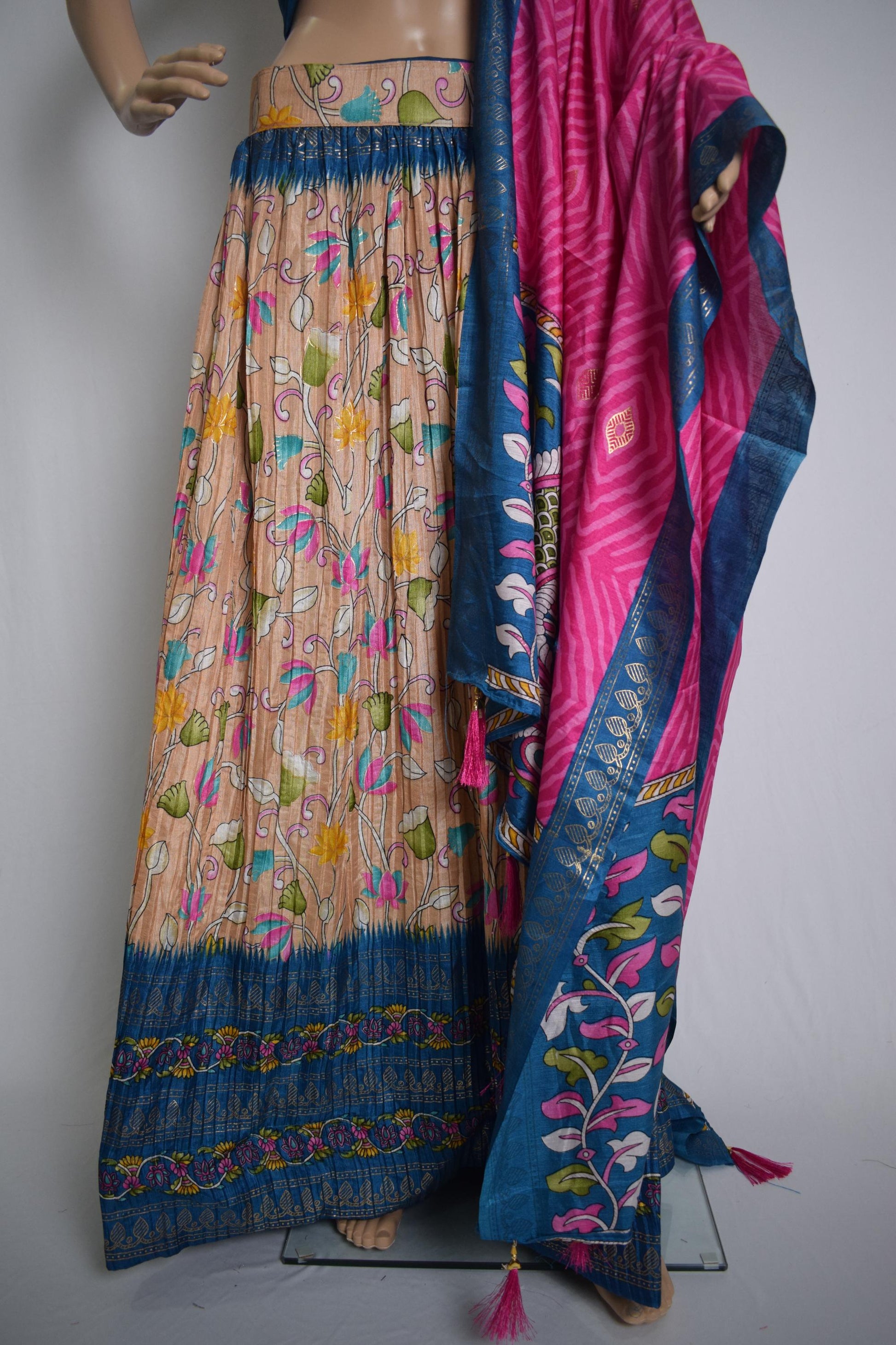 Beige & Blue Floral Printed Crushed Silk Lehenga-3