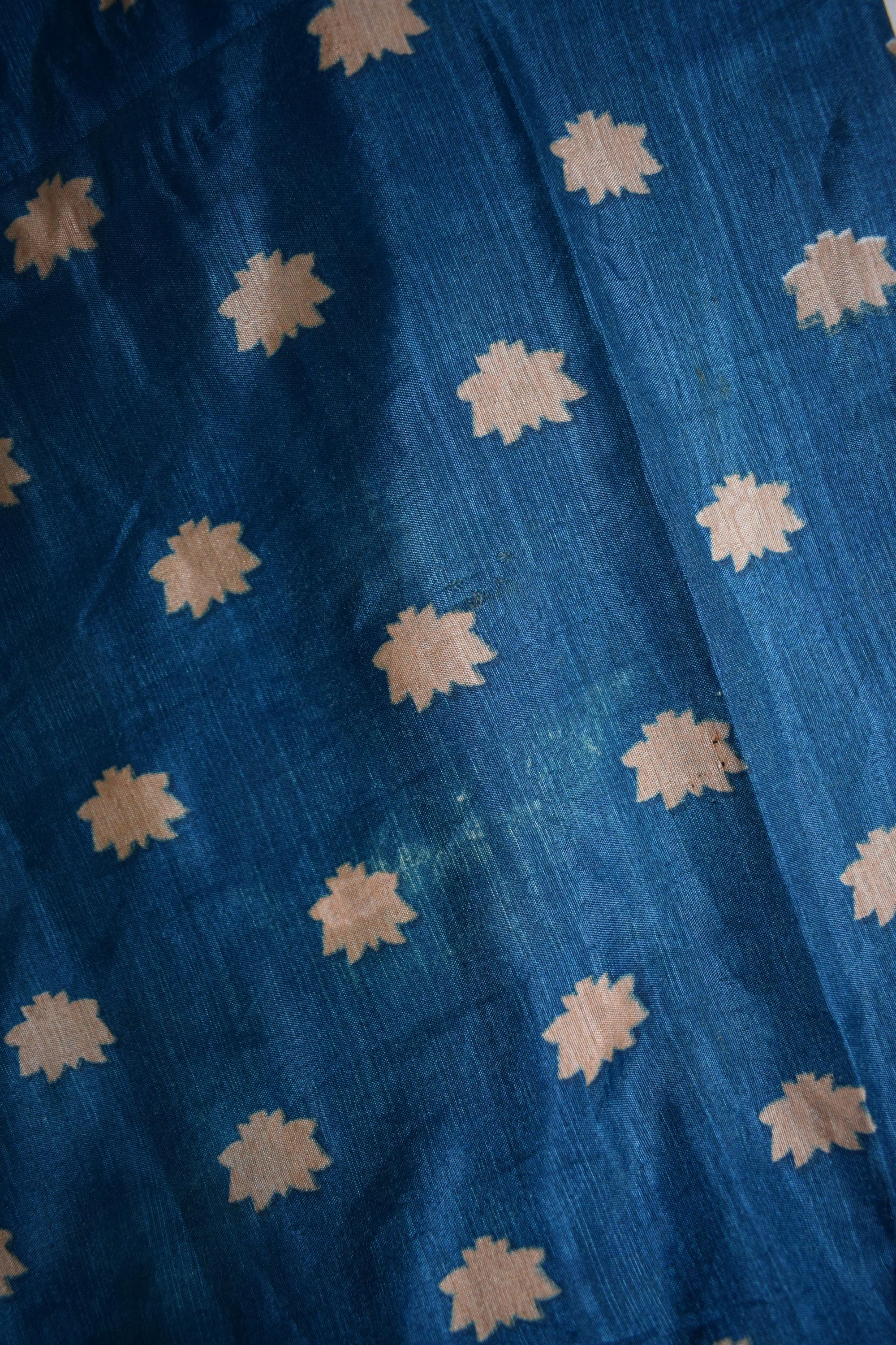 Beige & Blue Floral Printed Crushed Silk Lehenga