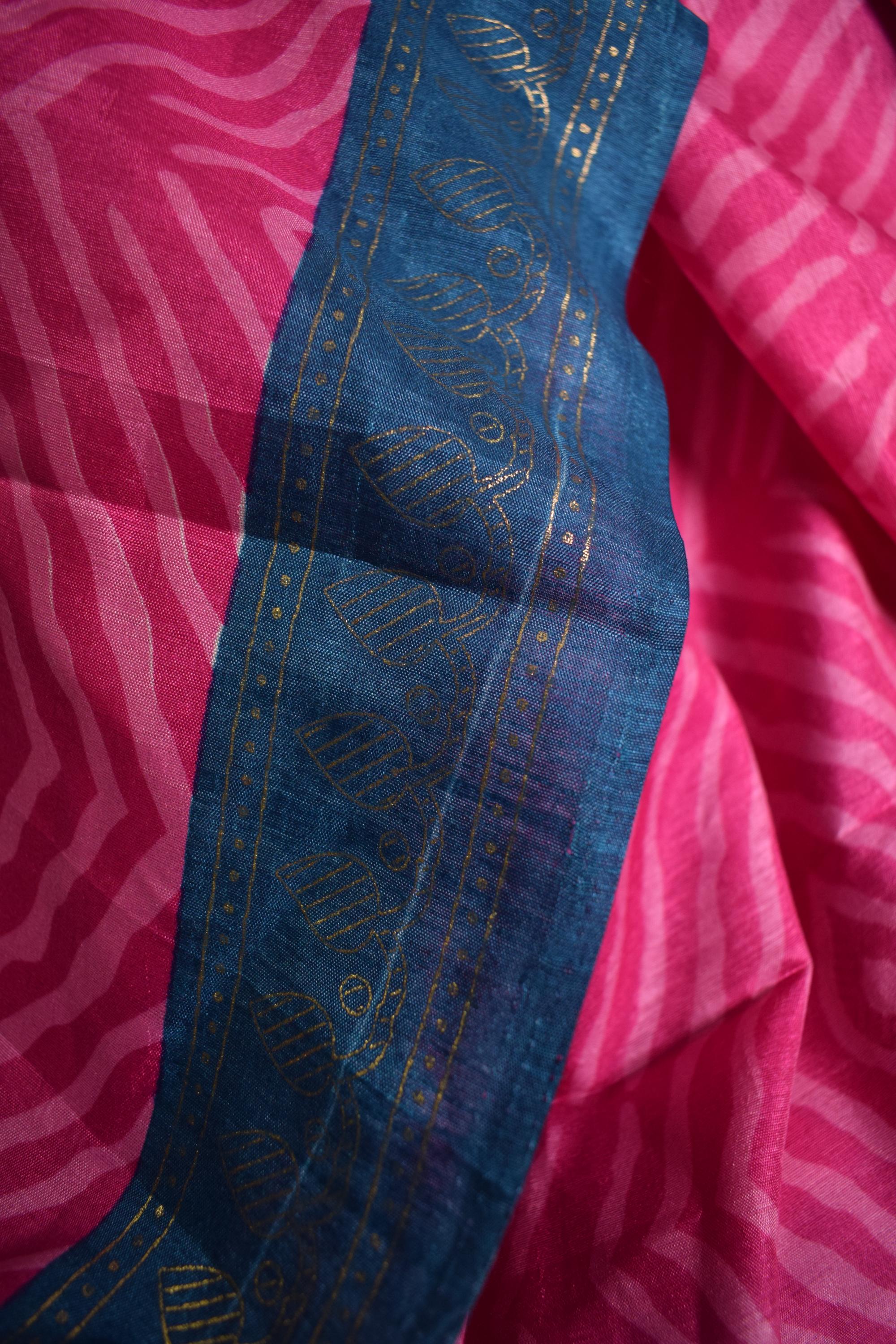 Beige & Blue Floral Printed Crushed Silk Lehenga