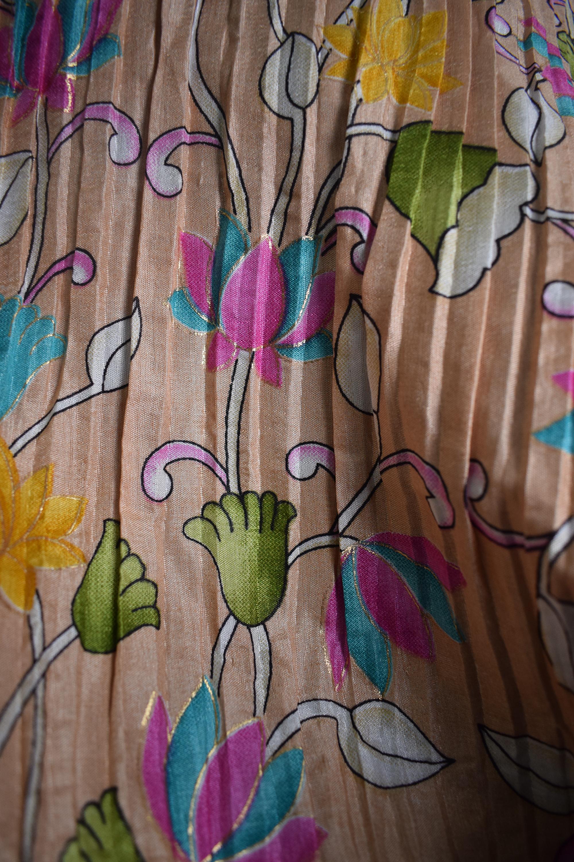 Beige & Blue Floral Printed Crushed Silk Lehenga