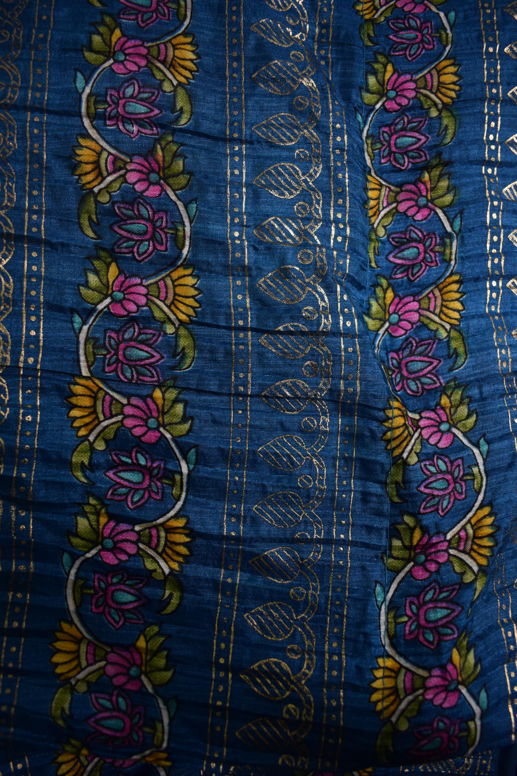 Beige & Blue Floral Printed Crushed Silk Lehenga