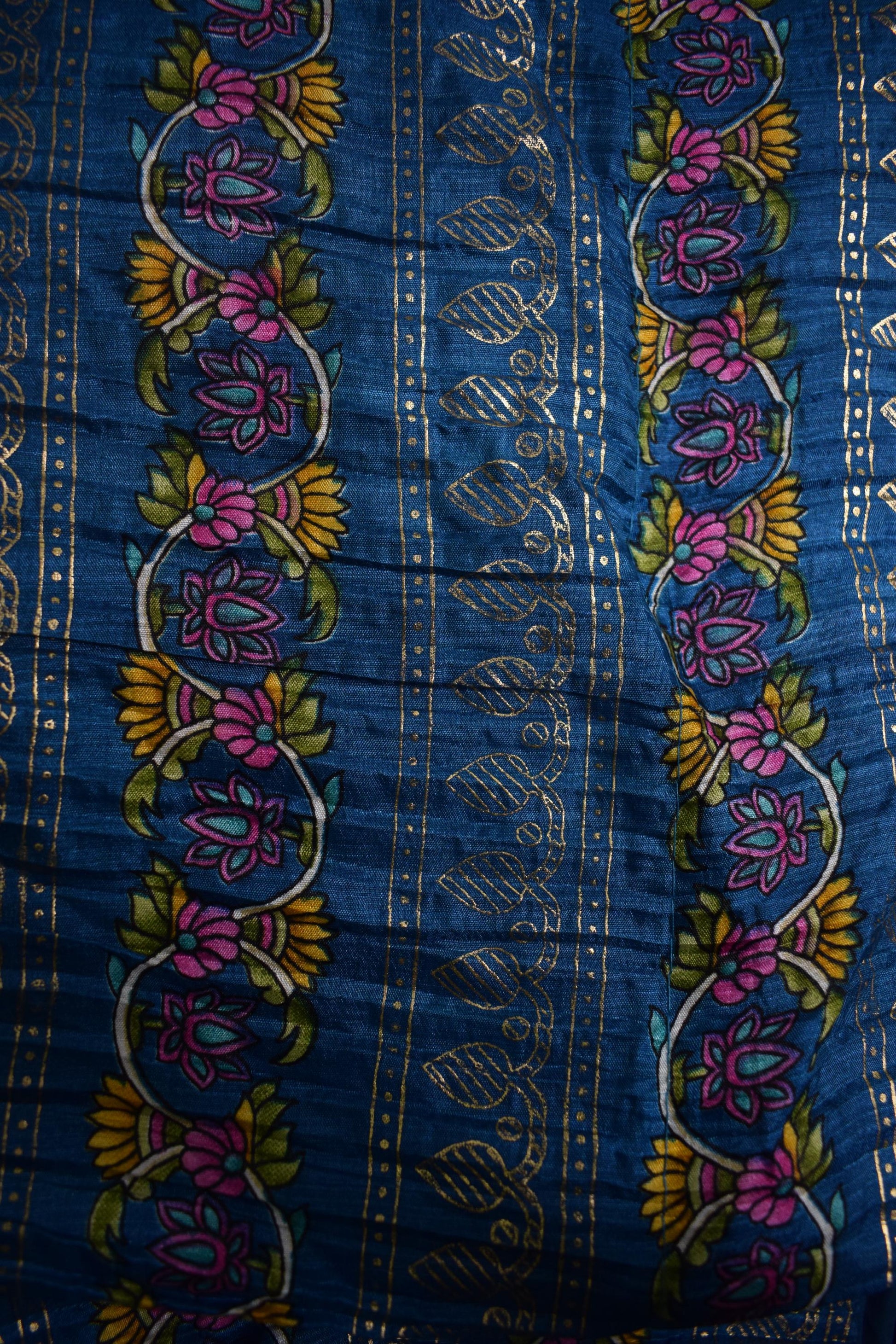 Beige & Blue Floral Printed Crushed Silk Lehenga-9