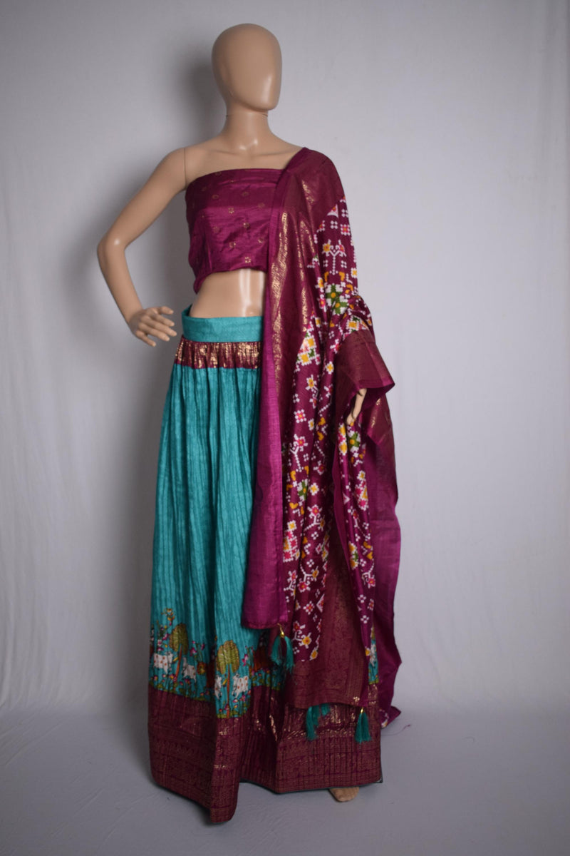 Green & Maroon Geometric Printed Ethnic Crushed Silk Lehenga-1