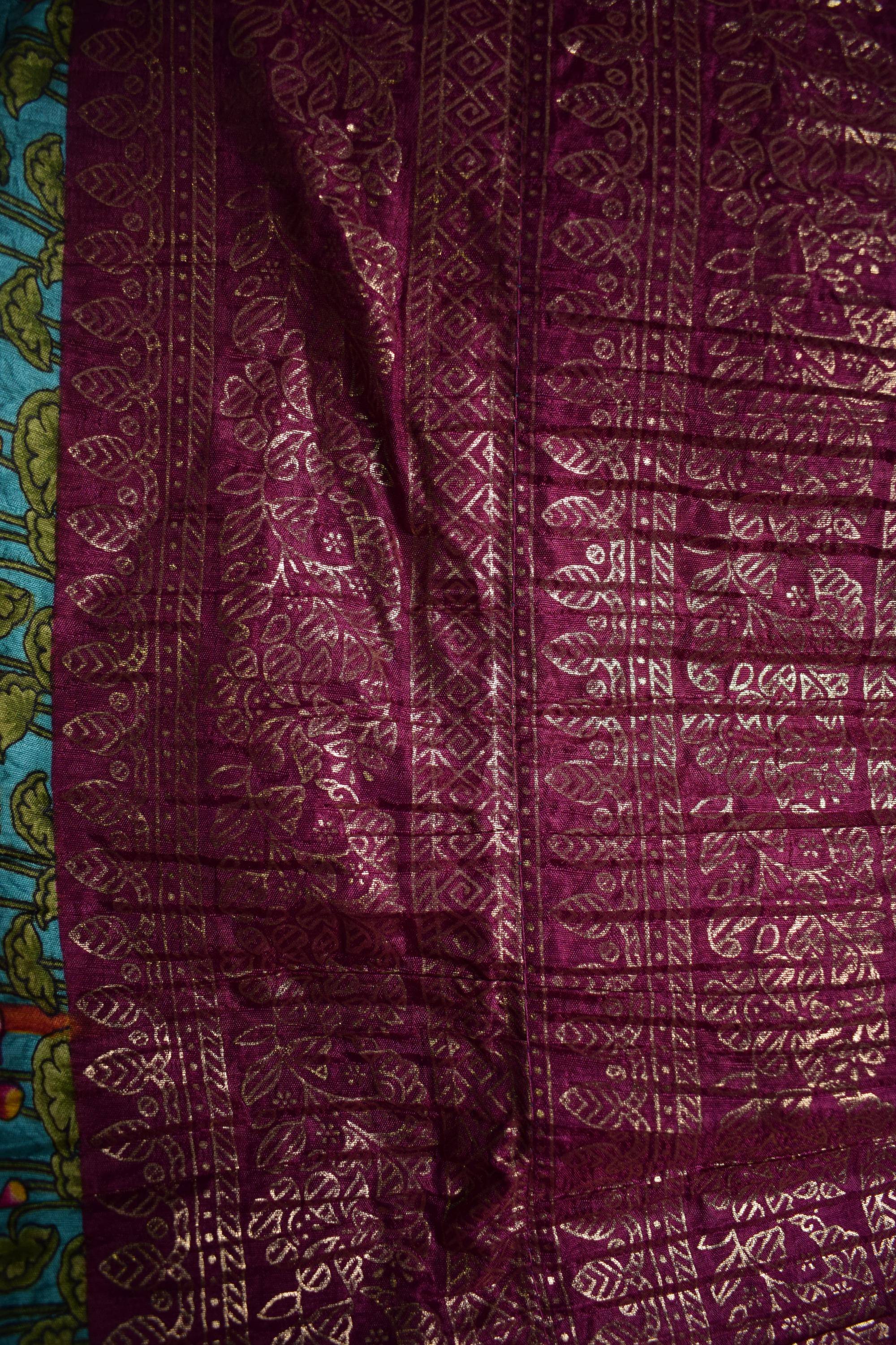 Green & Maroon Geometric Printed Ethnic Crushed Silk Lehenga