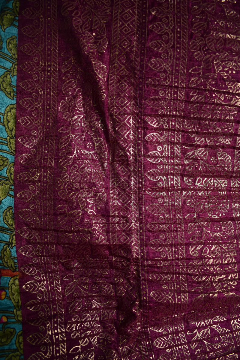 Green & Maroon Geometric Printed Ethnic Crushed Silk Lehenga-5
