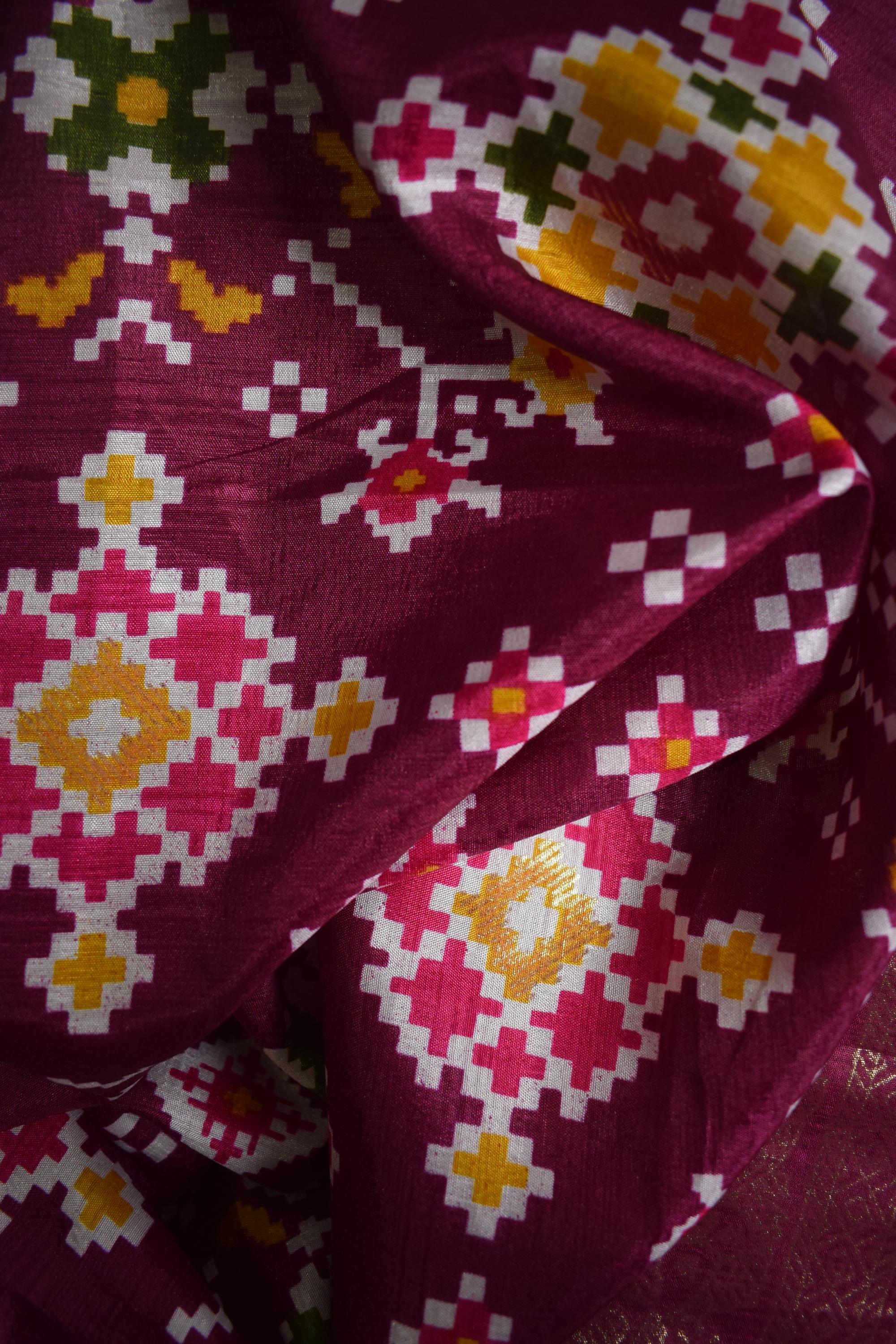 Green & Maroon Geometric Printed Ethnic Crushed Silk Lehenga