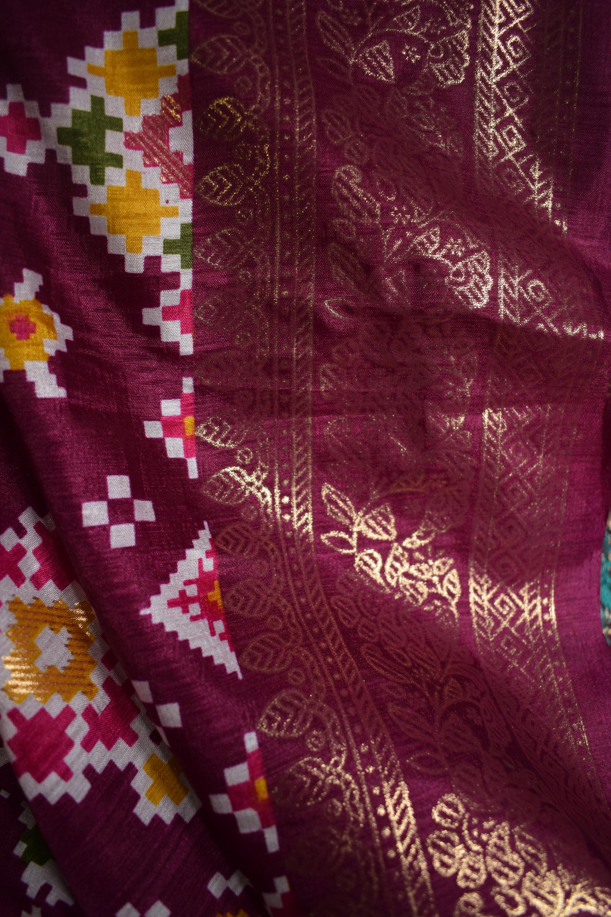 Green & Maroon Geometric Printed Ethnic Crushed Silk Lehenga