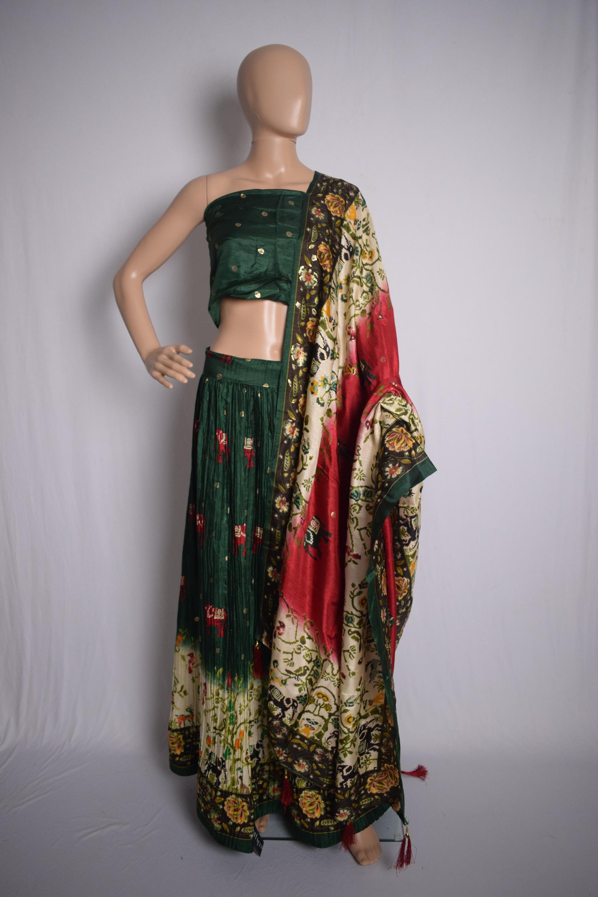 Green & Red Floral Printed Crushed Silk Lehenga Choli-1