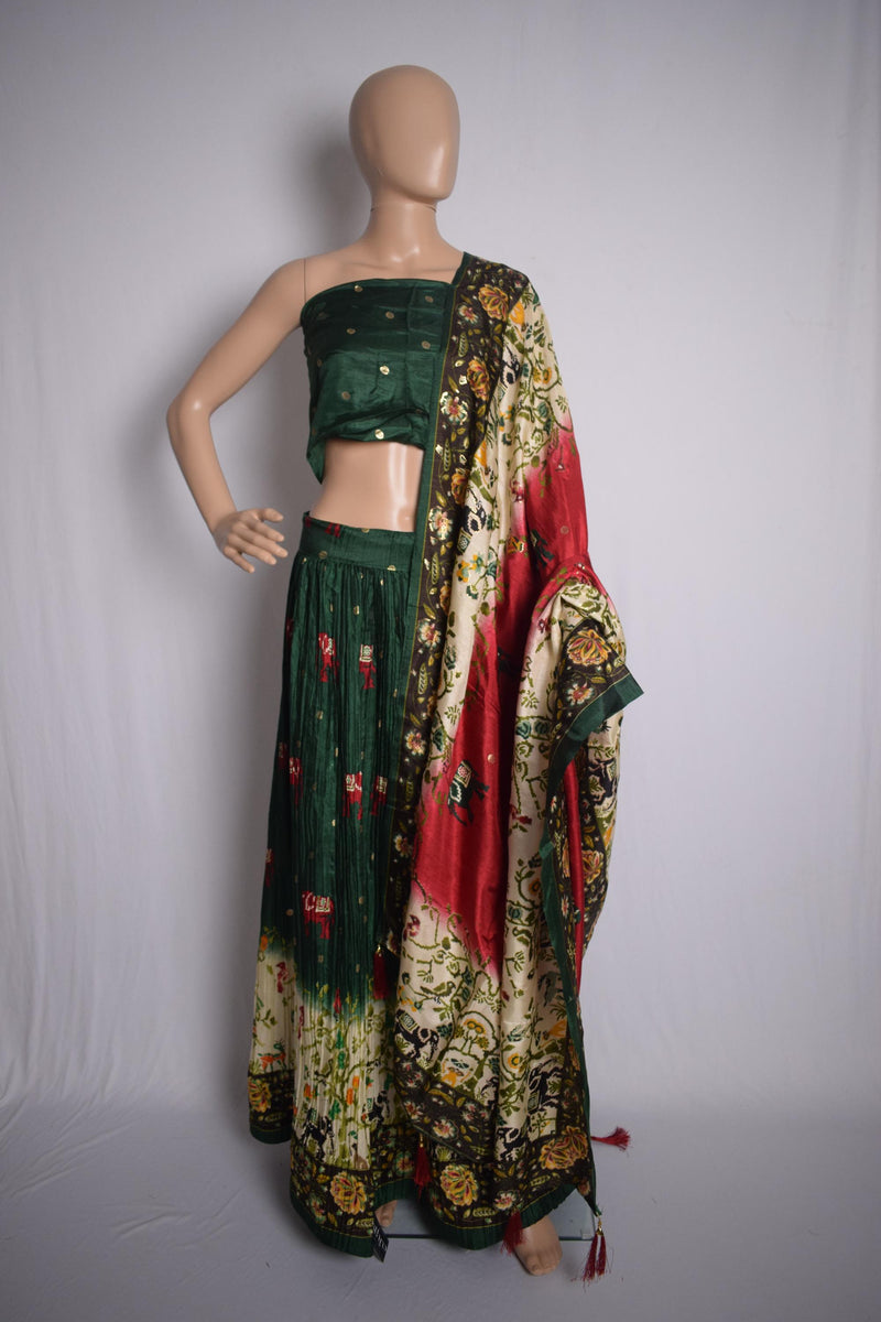 Green & Red Floral Printed Crushed Silk Lehenga Choli-1