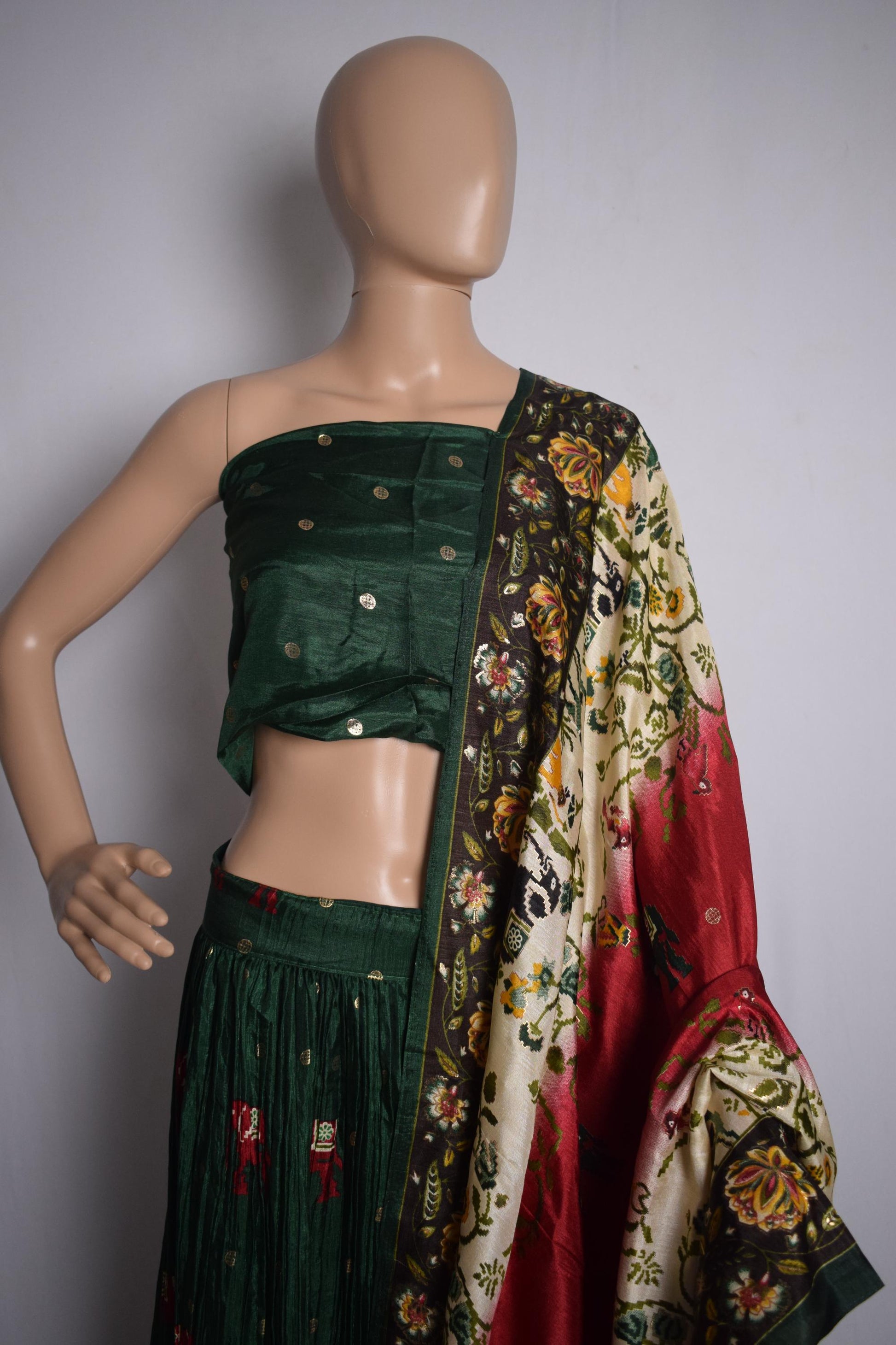 Green & Red Floral Printed Crushed Silk Lehenga Choli-2