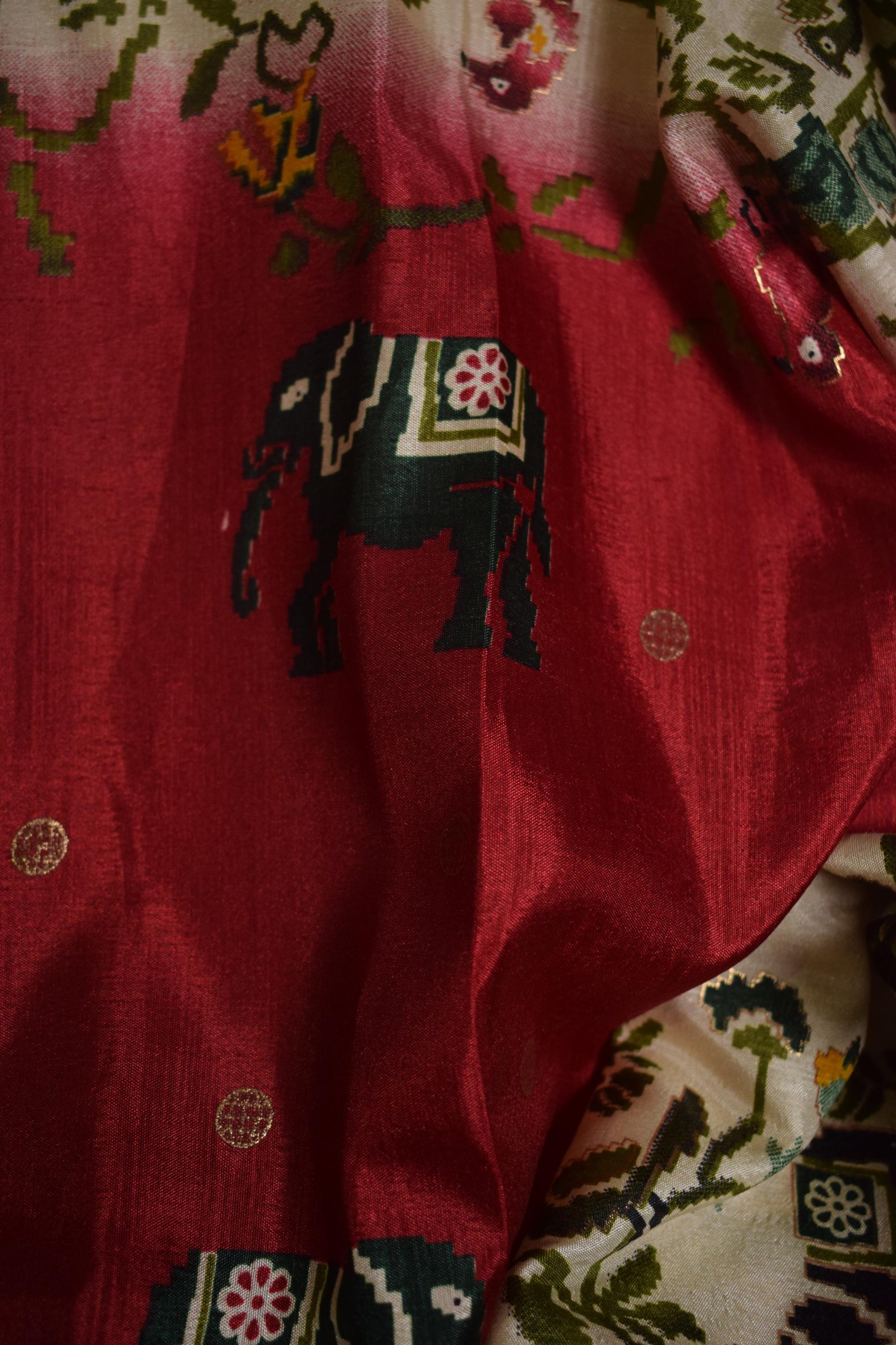 Green & Red Floral Printed Crushed Silk Lehenga Choli-4