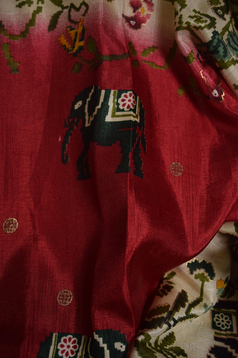 Green & Red Floral Printed Crushed Silk Lehenga Choli-4
