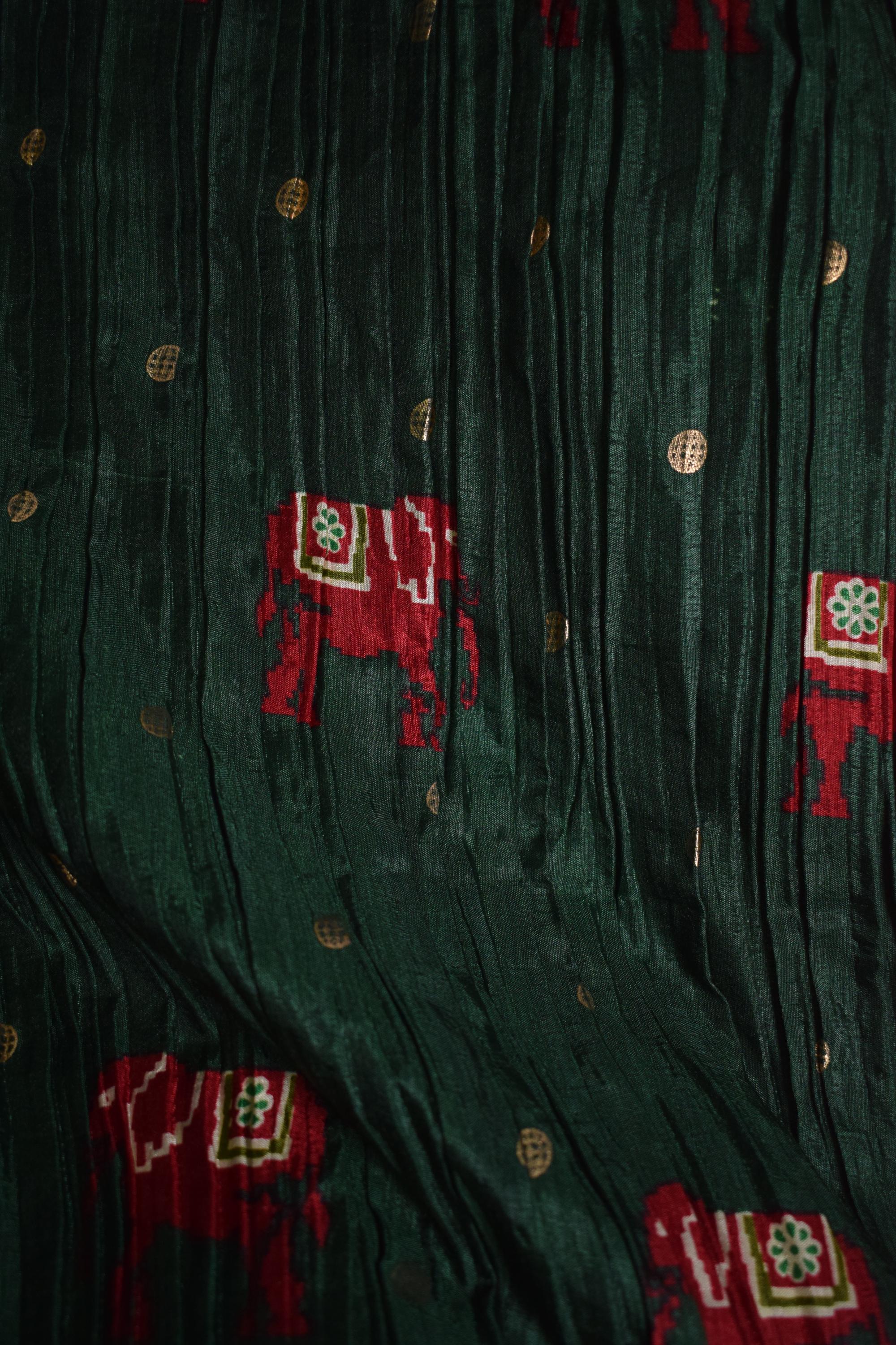 Green & Red Floral Printed Crushed Silk Lehenga Choli