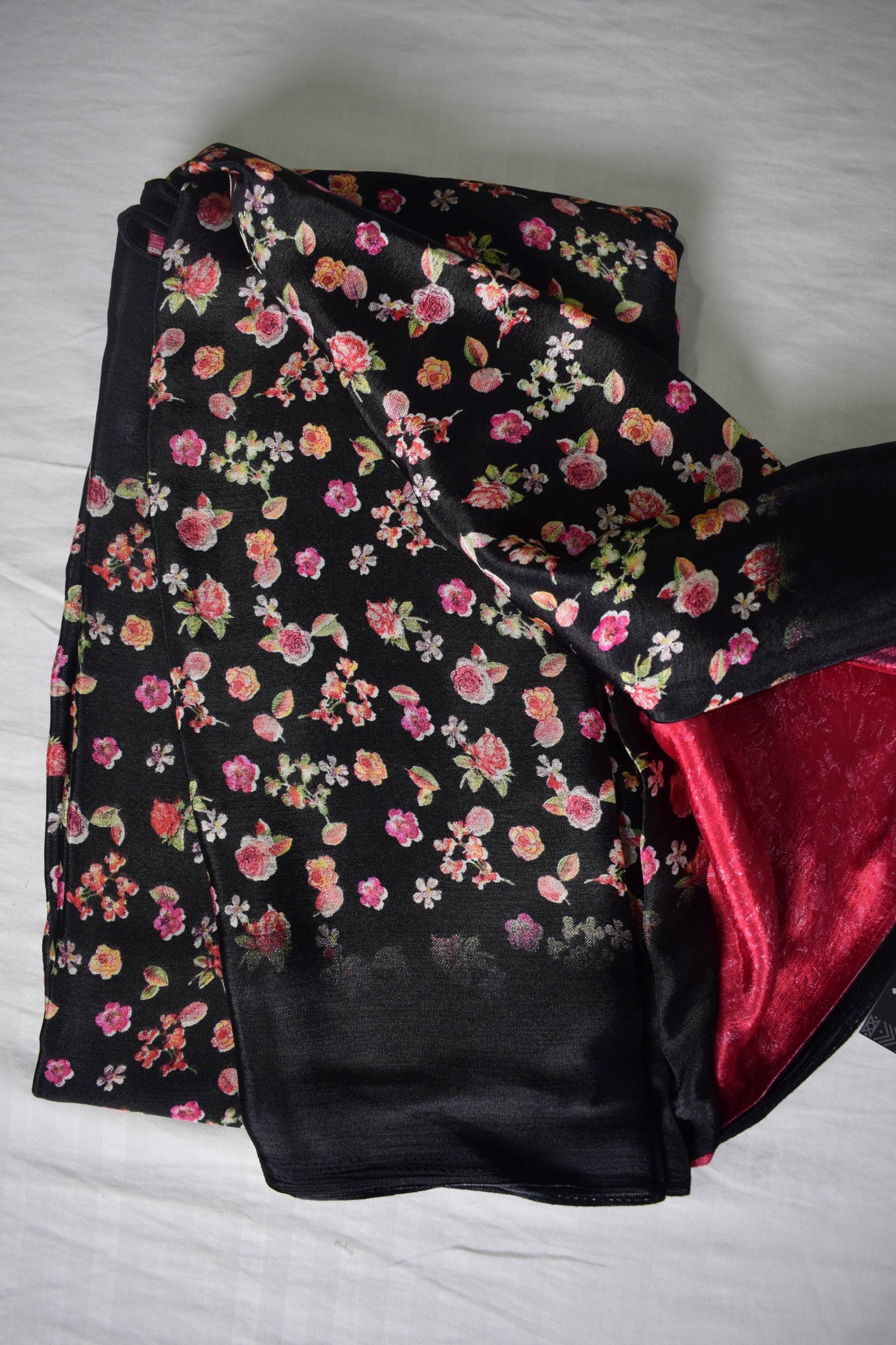 Floral Printed Coral Silk Saree