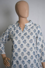 White & Blue Floral Printed Cotton Kurta Set