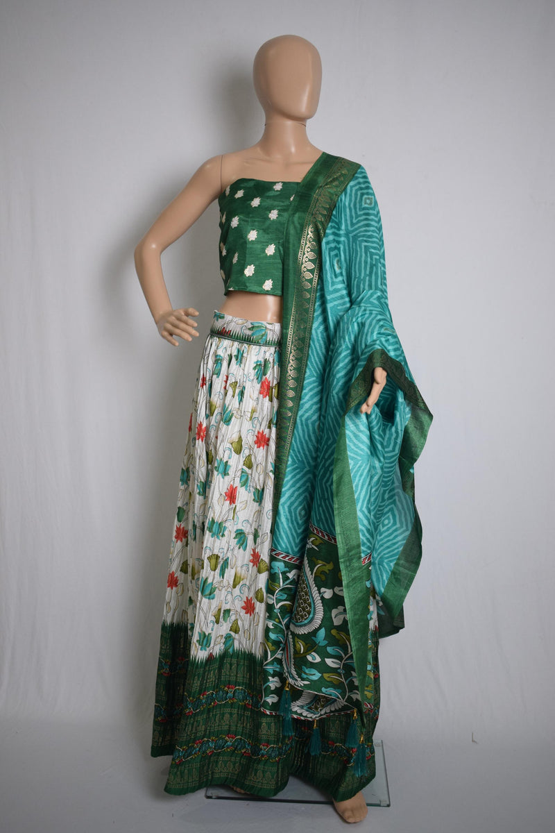 Green & White Floral Printed Crushed Silk Lehenga-1
