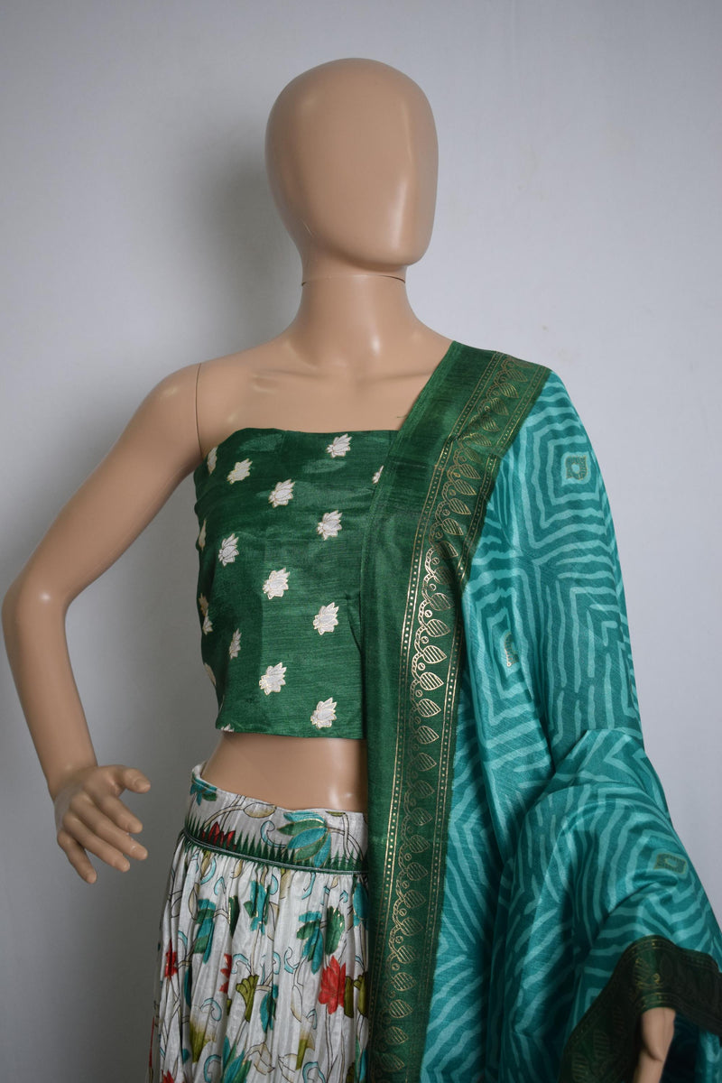 Green & White Floral Printed Crushed Silk Lehenga-2