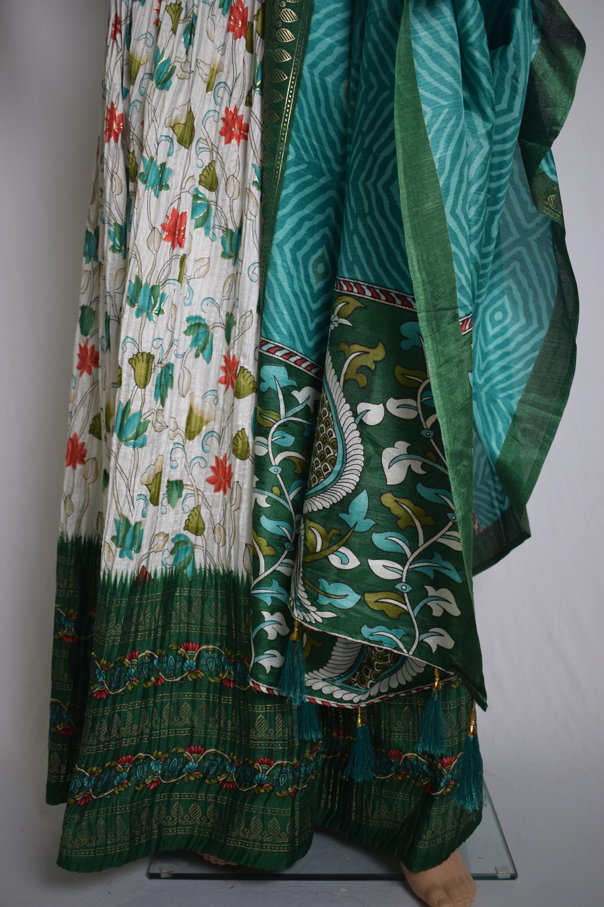 Green & White Floral Printed Crushed Silk Lehenga