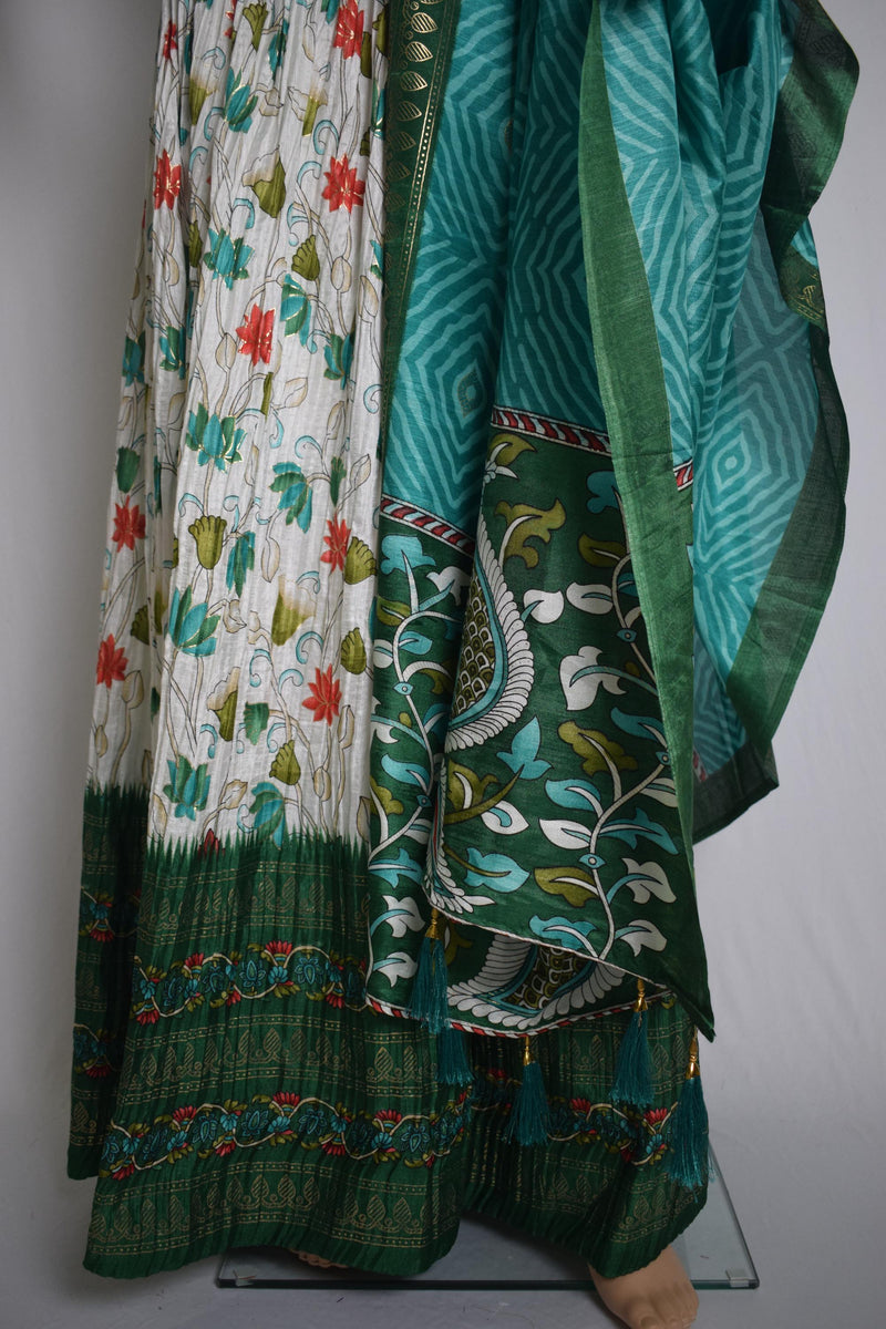 Green & White Floral Printed Crushed Silk Lehenga-8