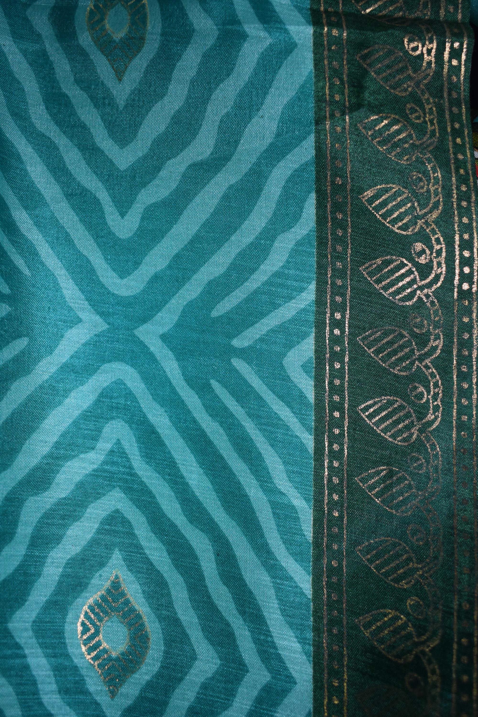Green & White Floral Printed Crushed Silk Lehenga