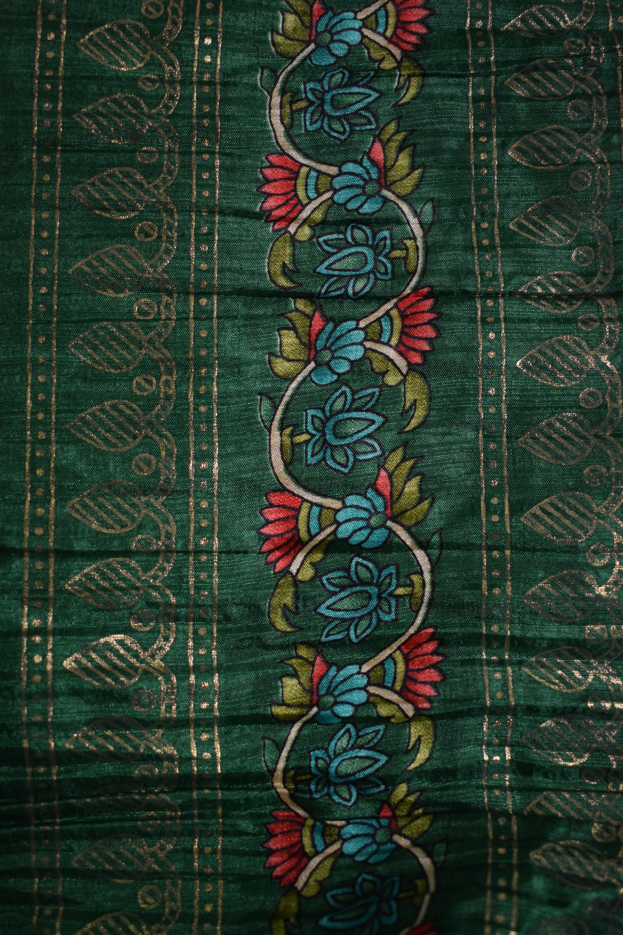 Green & White Floral Printed Crushed Silk Lehenga