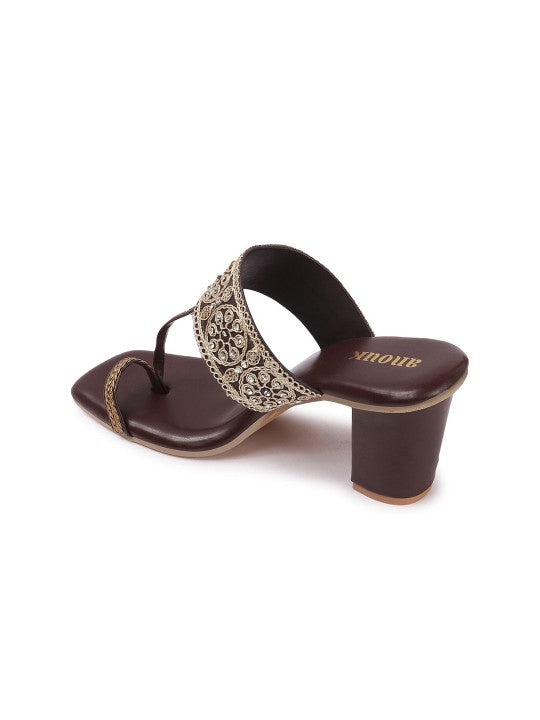 Women Floral Textured Ethnic Block Heels Sandals-5
