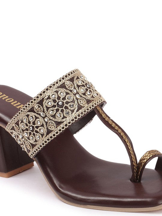 Women Floral Textured Ethnic Block Heels Sandals-4