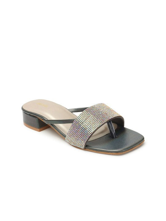 Grey Embellished Block Heels-3