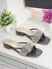 Grey Embellished Block Heels