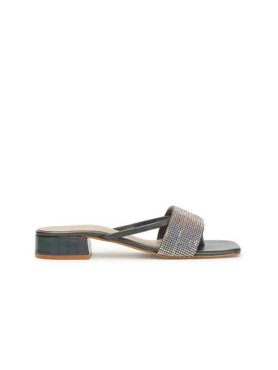Grey Embellished Block Heels-5
