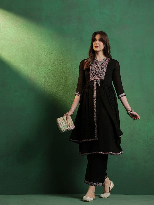 Alina Cut Embroidered A-Line Silk Kurta With Palazzo Set-4