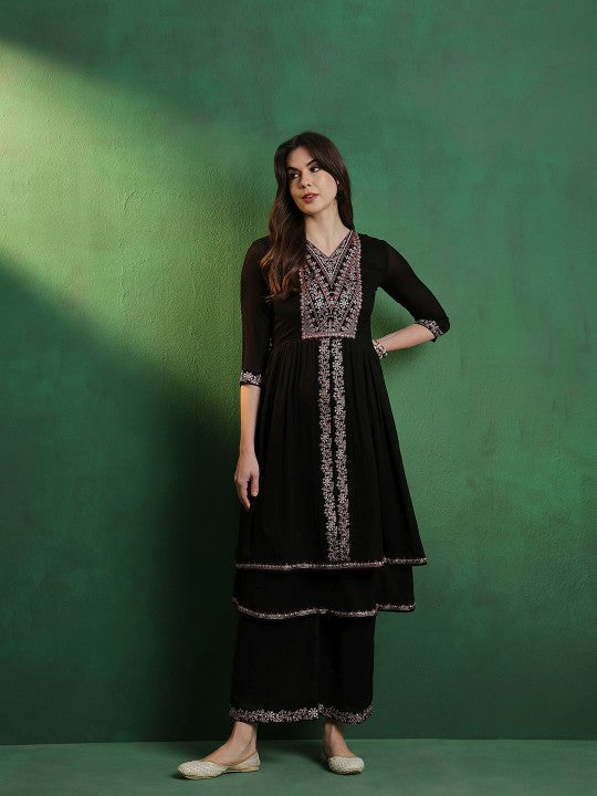 Alina Cut Embroidered A-Line Silk Kurta With Palazzo Set-2