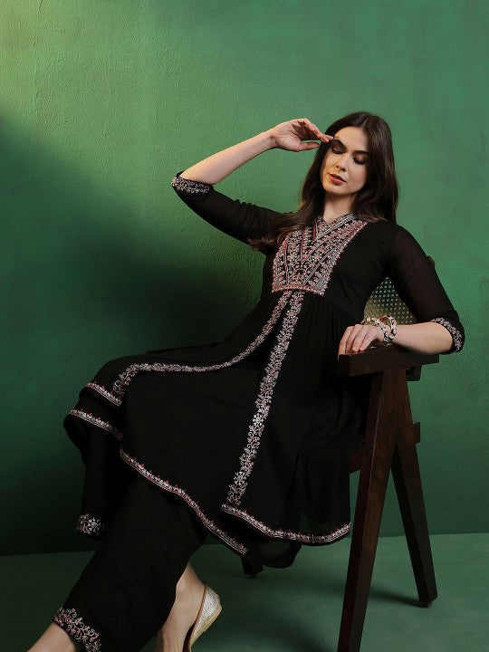 Alina Cut Embroidered A-Line Silk Kurta With Palazzo Set-1
