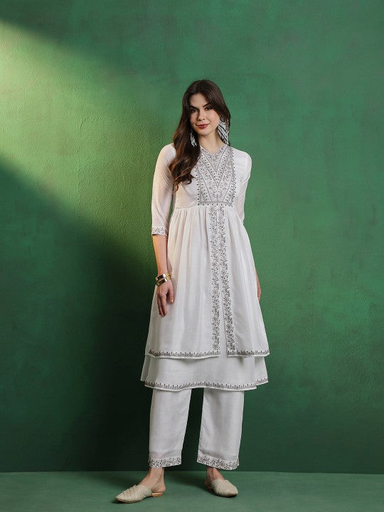 Alina Cut Embroidered A-Line Silk Kurta With Palazzo Set