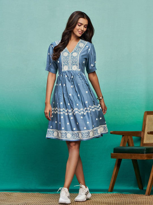 Embroidered Fit & Flare Dress-9