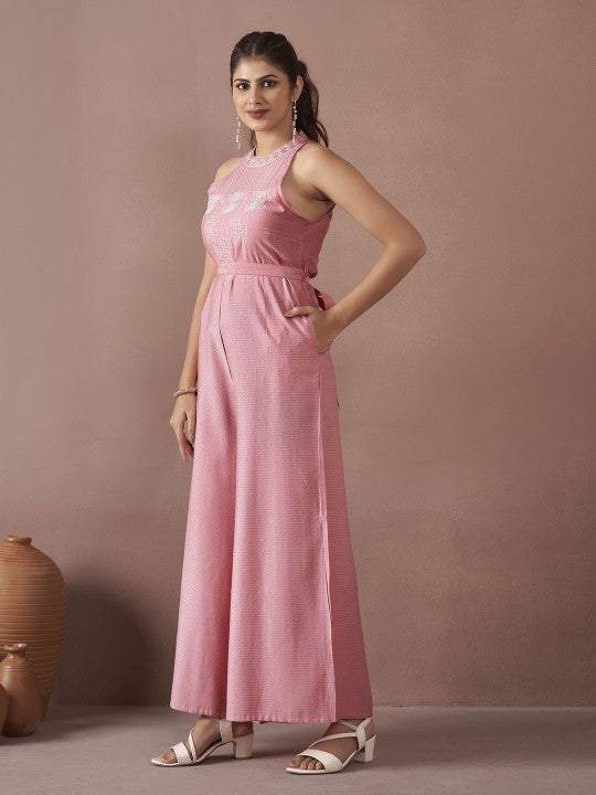 Embroidered Waist Tie-Up Jumpsuit-1