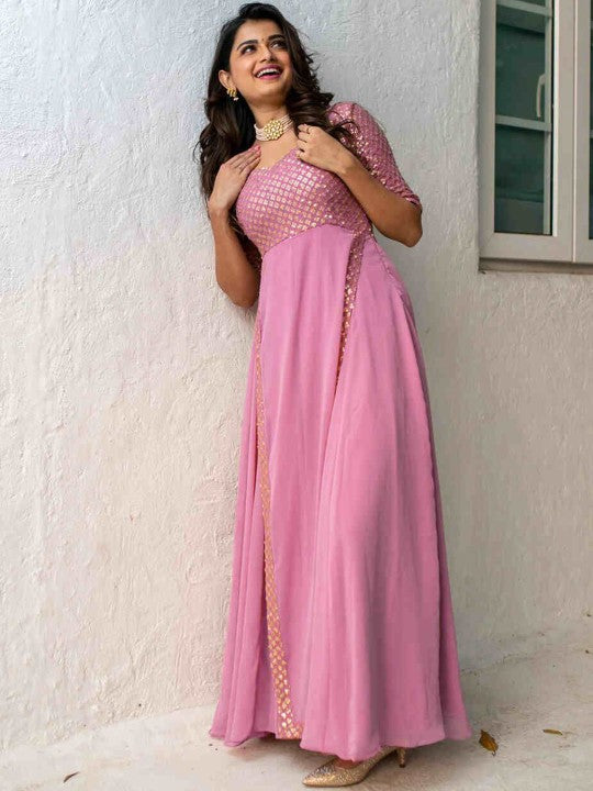 Embroidered maxi Ethnic motifs Georgette Fit and Flare Dress-3