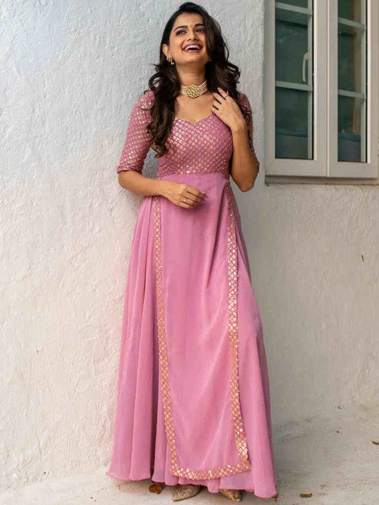 Embroidered maxi Ethnic motifs Georgette Fit and Flare Dress-1