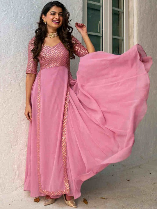 Embroidered maxi Ethnic motifs Georgette Fit and Flare Dress-4