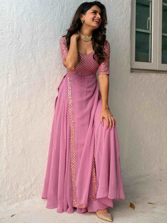 Embroidered maxi Ethnic motifs Georgette Fit and Flare Dress-6