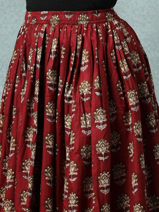 Floral Printed Cotton Flared Maxi Skirt