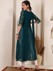 Ethnic Motifs Embroidered A-Line Kurta With DupattaKurta SetsThis elegant dress features three-quarter sleeves and an A-line shape, offering a flattering and comfortable fit. The round neck adds a classic touch to the design, Ethnic Motifs Embroidered