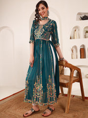 Ethnic Motifs Embroidered A-Line Kurta With DupattaKurta SetsThis elegant dress features three-quarter sleeves and an A-line shape, offering a flattering and comfortable fit. The round neck adds a classic touch to the design, Ethnic Motifs Embroidered
