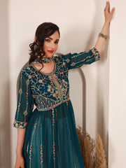 Ethnic Motifs Embroidered A-Line Kurta With DupattaKurta SetsThis elegant dress features three-quarter sleeves and an A-line shape, offering a flattering and comfortable fit. The round neck adds a classic touch to the design, Ethnic Motifs Embroidered