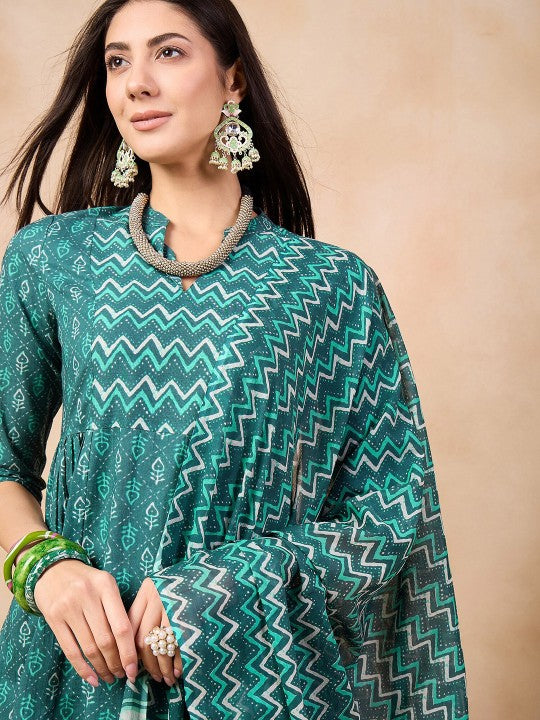 Ethnic Motifs Printed Pure Cotton Kurta & Trousers With Dupatta