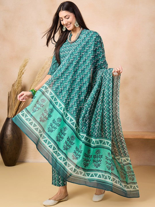 Ethnic Motifs Printed Pure Cotton Kurta & Trousers With Dupatta-3